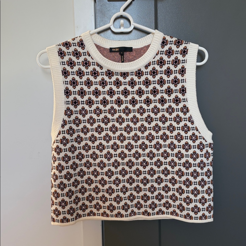 Maje Cream and Brown Patterned Knit vest cropped top in Size 2 (us M)
